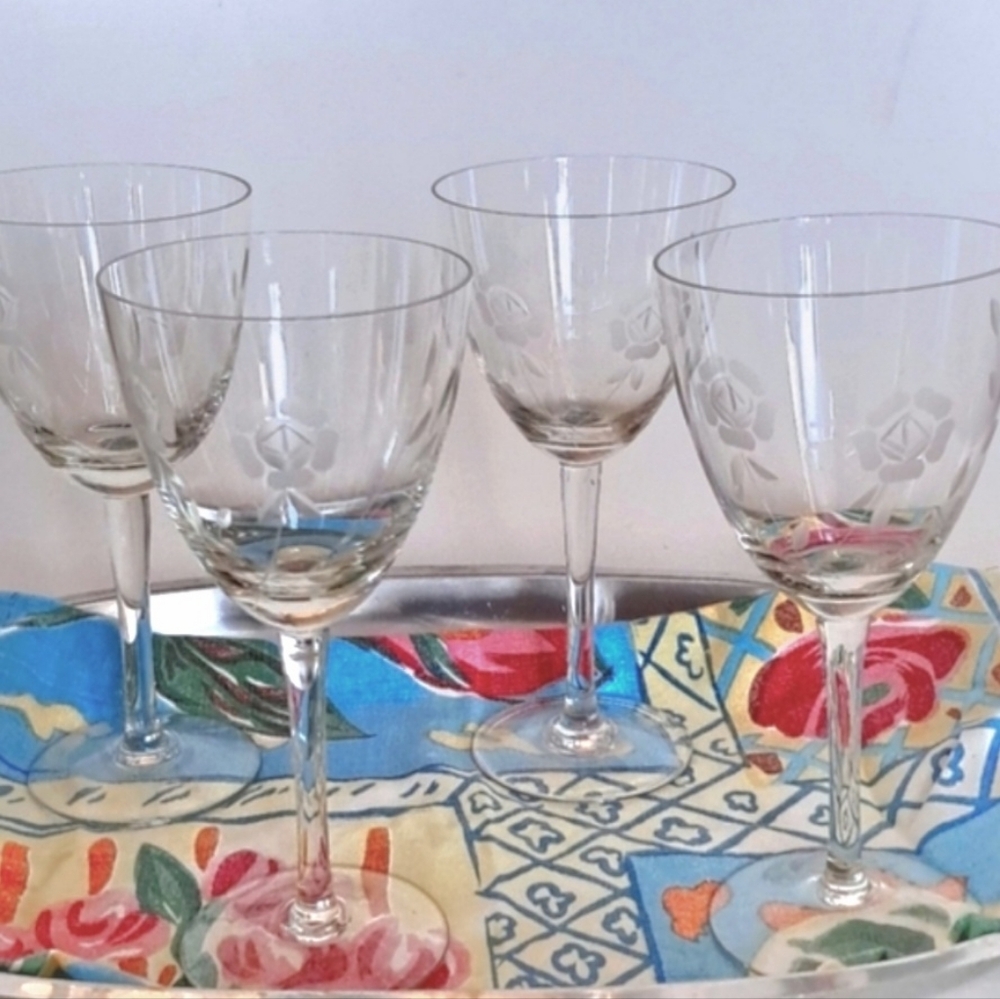 Vintage Crystal 3 Wine Martini Stem Glasses Flower Branch Leaf Etched Romantic